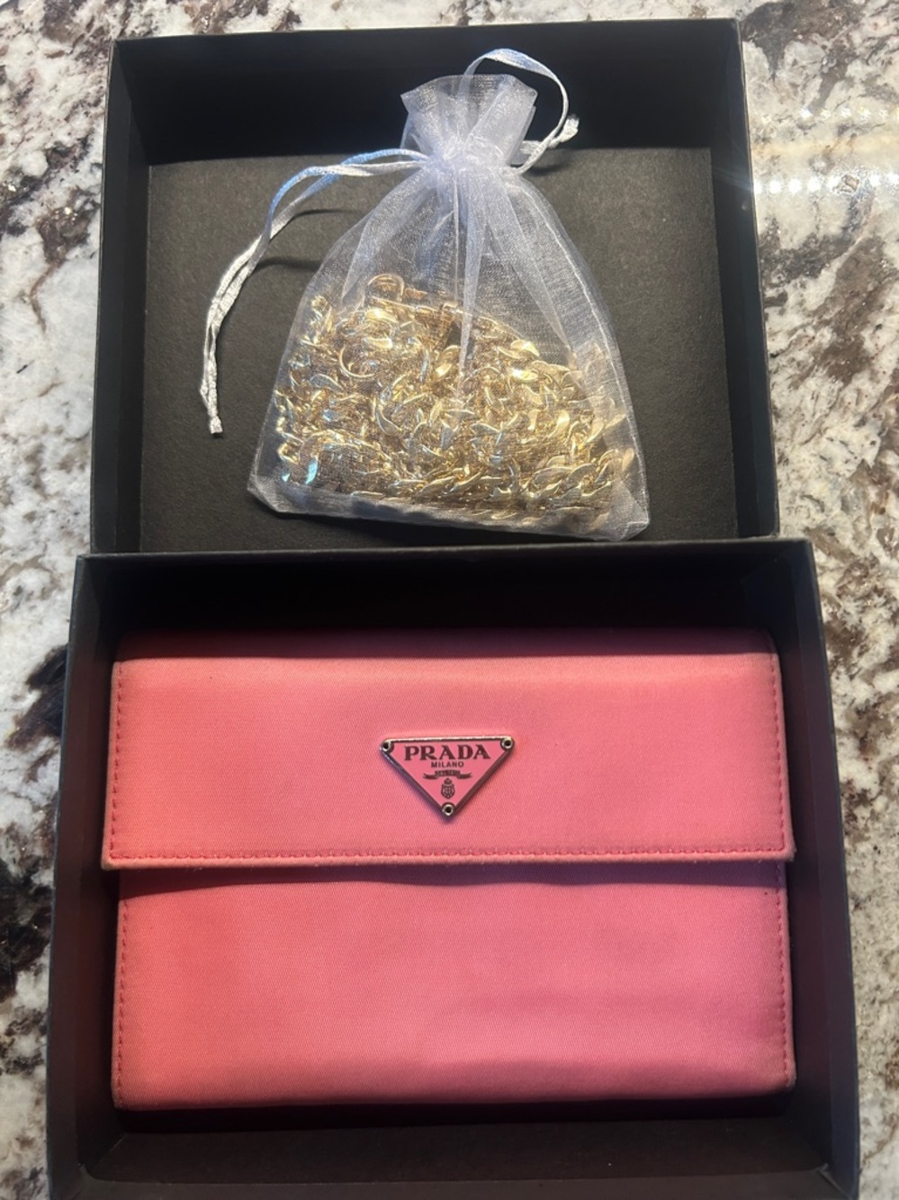 Prada Pink Satin Clutch with Gold Triangle Logo and coin pouch - Picture 2 of 16